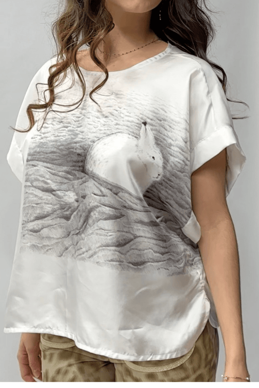 Blouse Tallinn — Top Oversize Soie Luxe Imprimé Lapin, Fait Main France, Édition Limitée - carlisfrance