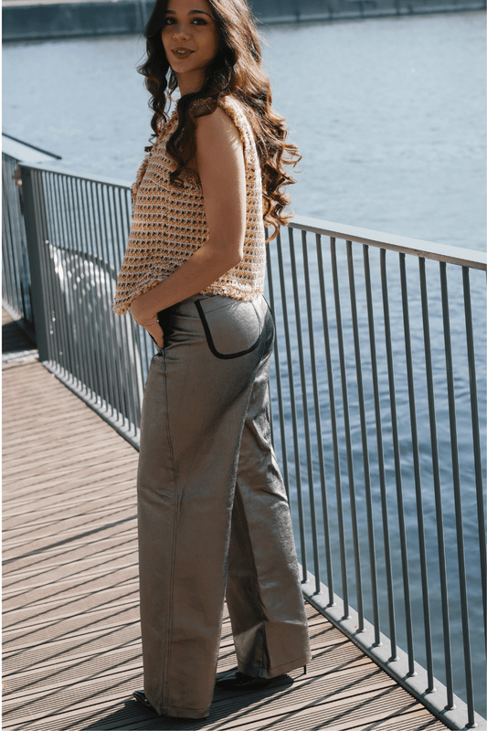 Pantalon Large Flare – Denim Enduit Doré & Noir - carlisfrance