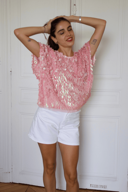 Top Carrie Séquins Rose — Oversize, Fait Main en France - carlisfrance