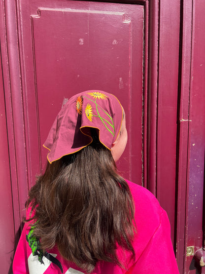 Foulard Daisy bordeaux - Broderie main sur coton