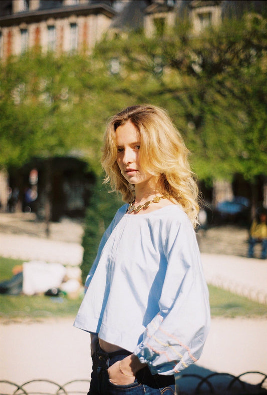 Blouse Giulia  en popeline de coton bleu - Carlisfrance made in France