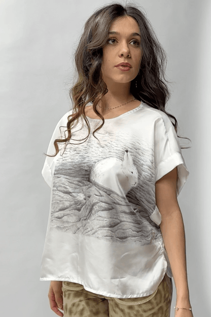 Blouse Tallinn — Top Oversize Soie Luxe Imprimé Lapin, Fait Main France, Édition Limitée - carlisfrance