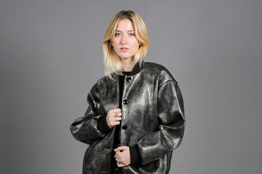 Veste bomber femme néoprène texturé impression lézard confectionné en France
