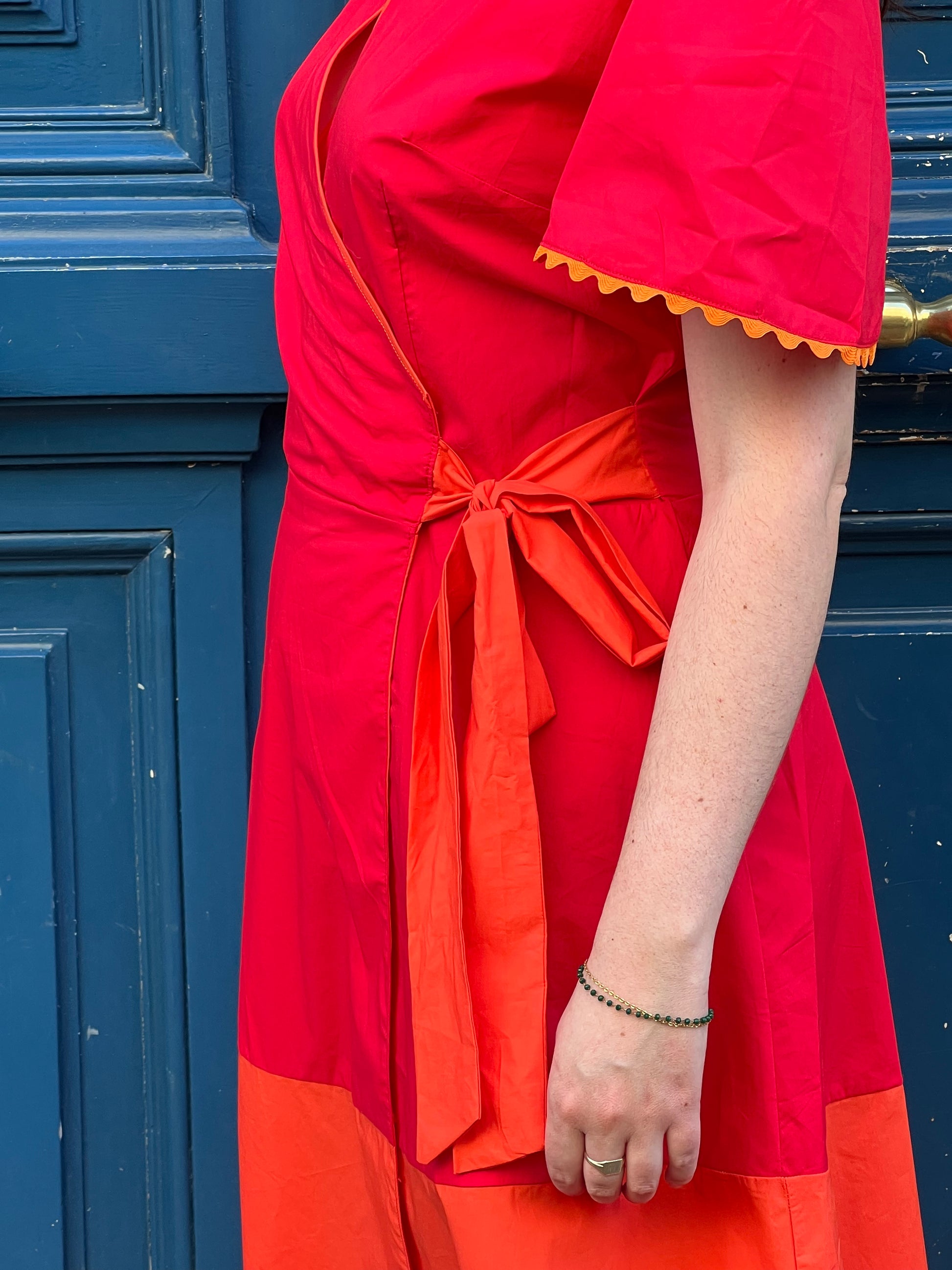 détail de la robe portefeuille coton bi couleur fabrique en france