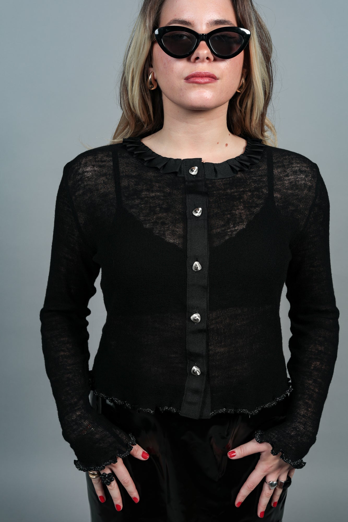 Gilet maille laine fine noire femme col gros grain plissé – Carlisfrance
