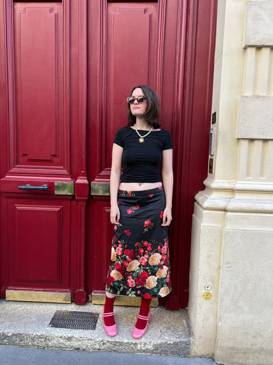 jupe midi en satin de coton fleuri made in France en toute petite quantite