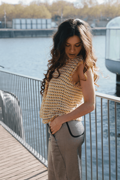 Pantalon Large Flare – Denim Enduit Doré & Noir - carlisfrance