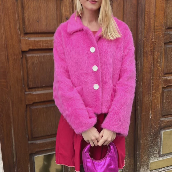 Veste chaude rose fuchsia effet fourrure tenue office et soirée femme
