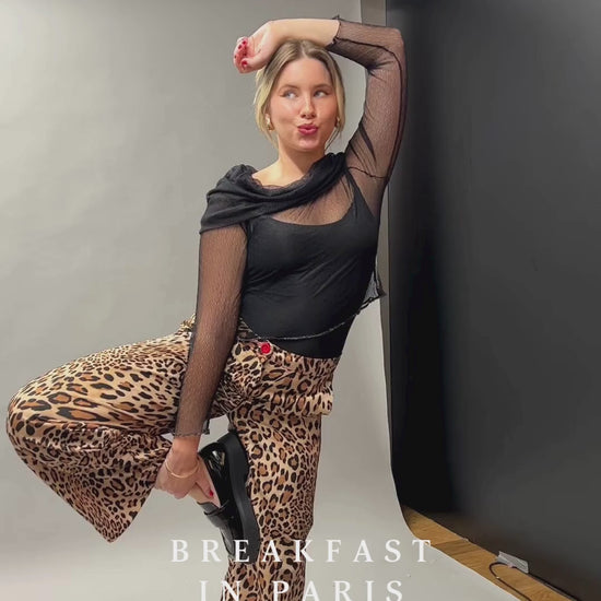 Women's leopard print trousers in structured ottoman fabric — wide leg, bold print, handcrafted in France — Carlis statement piece

