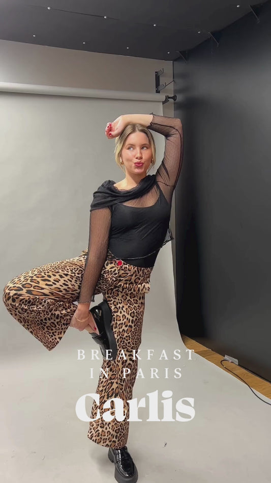Women's leopard print trousers in structured ottoman fabric — wide leg, bold print, handcrafted in France — Carlis statement piece