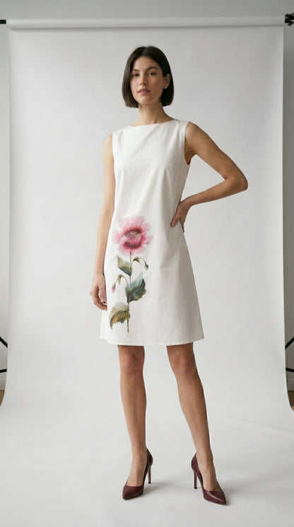 Robe Carlyne en popeline de coton italien avec grande fleur imprimée, tissu issu du luxe italien