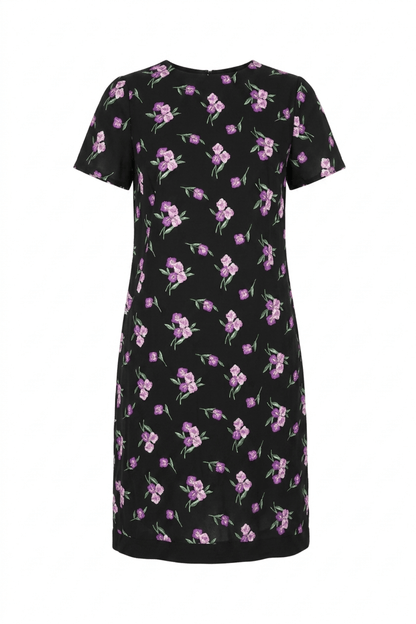 Robe Helsinki — Imprimé Fleurs Brodées Noir et Rose ,Viscose Luxe Made in France - carlisfrance