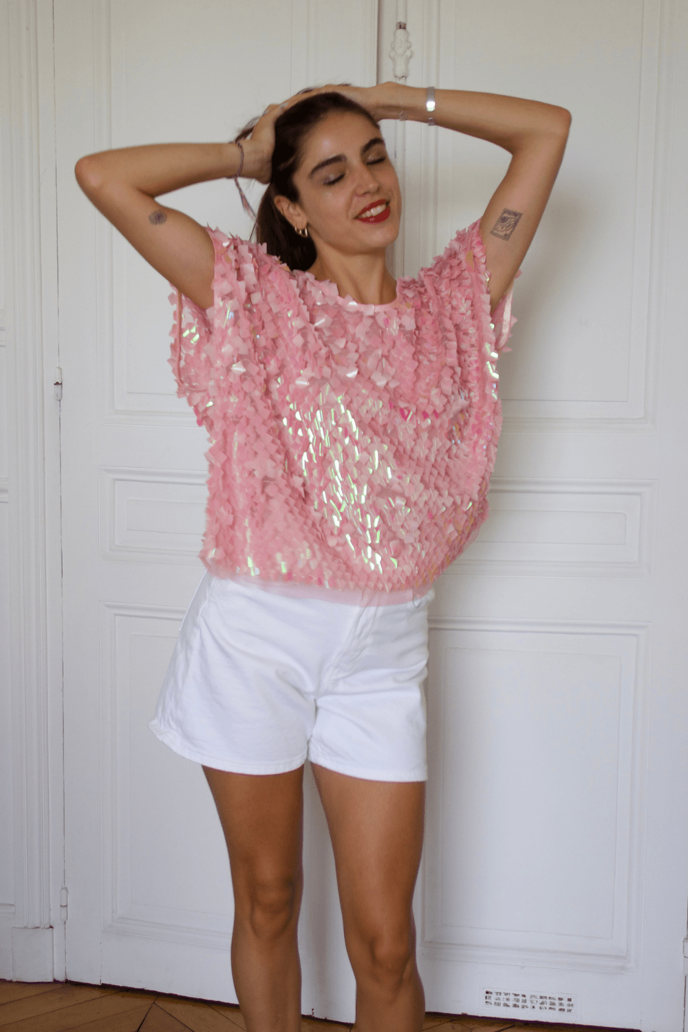 Top Carrie Séquins Rose — Oversize, Fait Main en France - carlisfrance