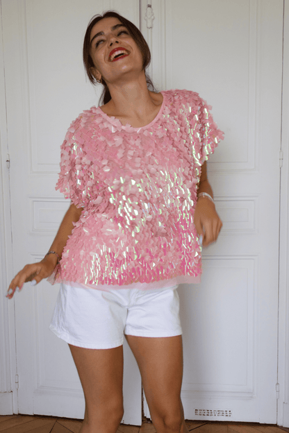Top Carrie Séquins Rose — Oversize, Fait Main en France - carlisfrance