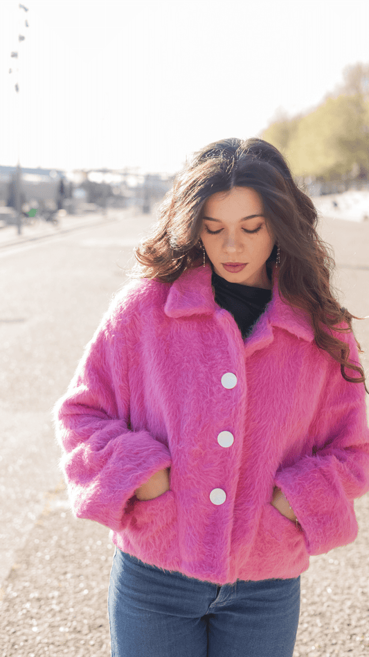 Veste alpaga rose effet fourrure poils longs femme – Carlisfrance
