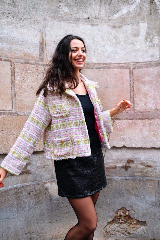 Veste Tweed Italien — Rose, Vert Pistache & Lurex Carlis France - carlisfrance
