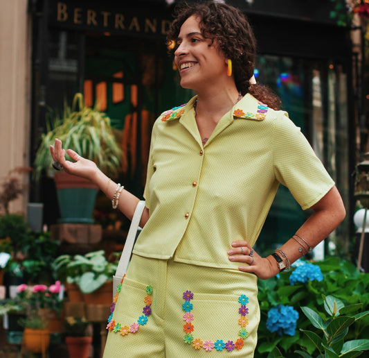 Chemisier coton lycra vert anis - Texturé nid d'abeille France - carlisfrance